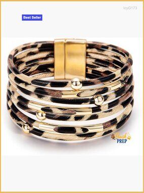 Boho Leather Wrap Bracelet Multi-Layer Pearl Crystal Cuff Bangle